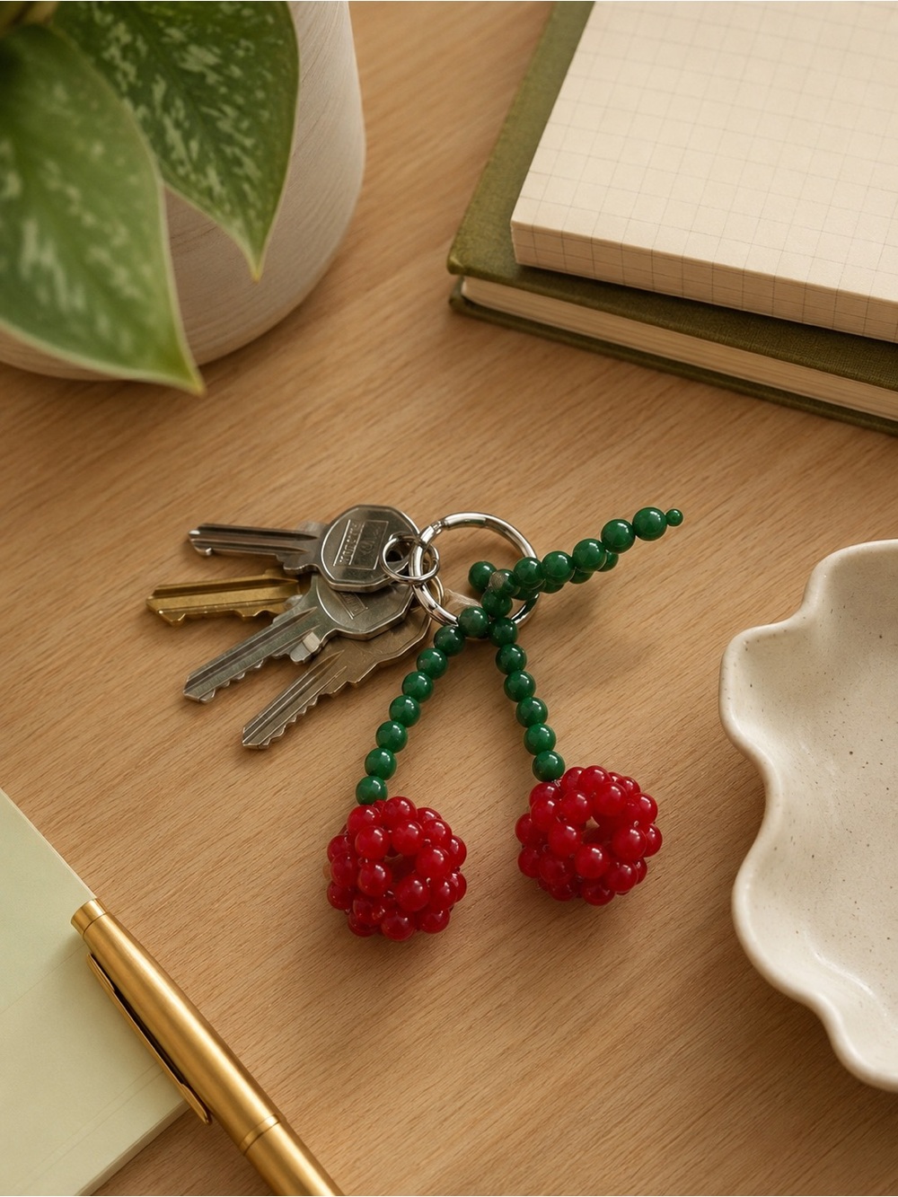 No Boundaries Red Cherry Beaded Keychain with Green Stem